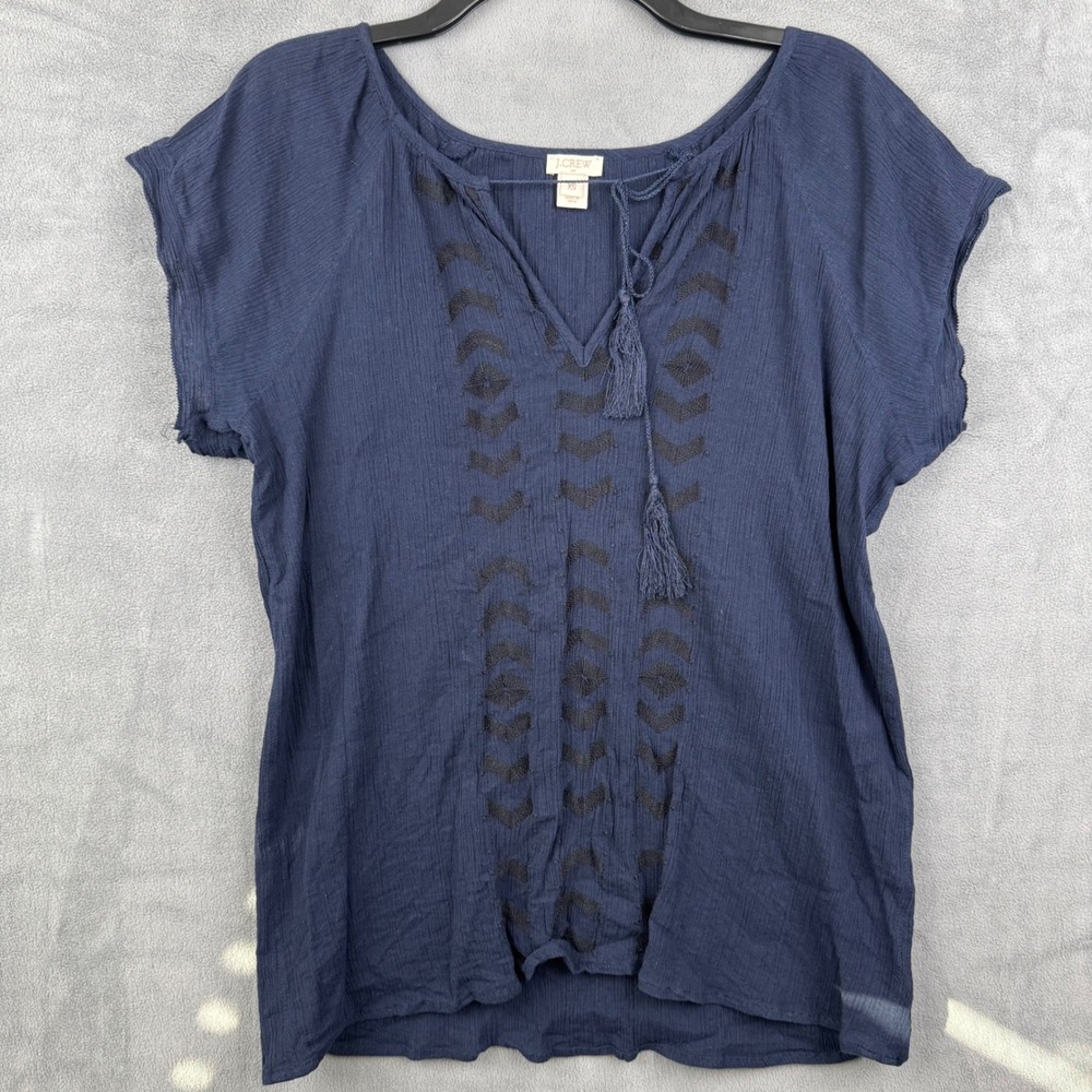 J.Crew Womens Embroidered Tunic Top Navy Blue XS Short Sleeve‎ Casual